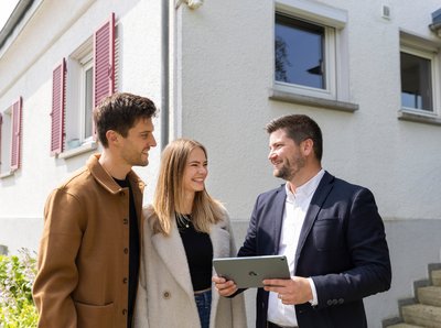Immobilienmakler zeigt jungem Paar ein Haus